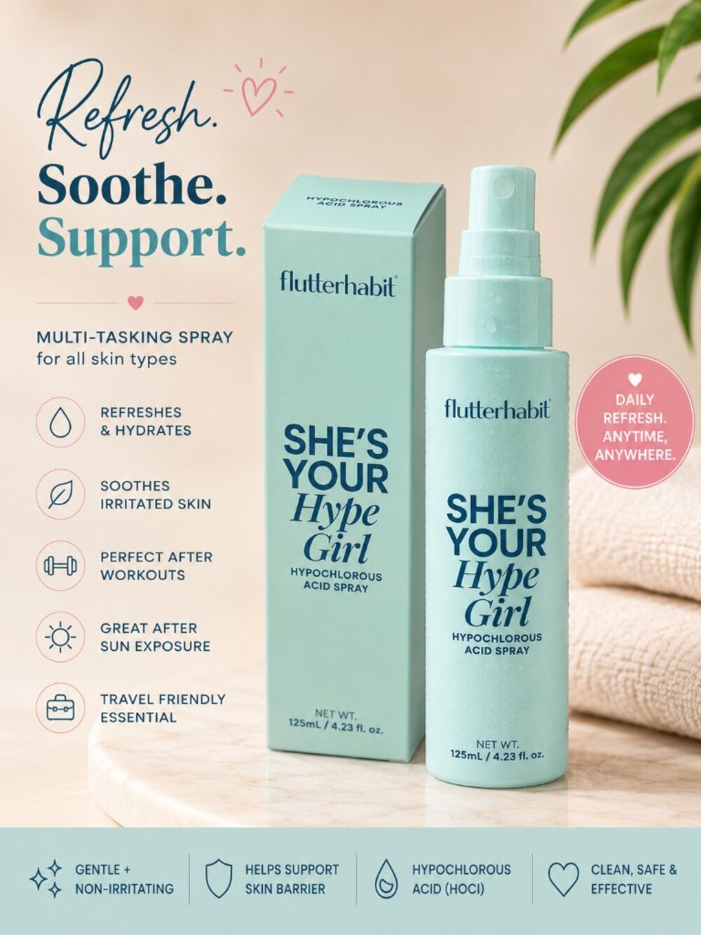 Flutterhabit She's Your Hype Girl Hypochlorous Acid Spray 4.23 oz New